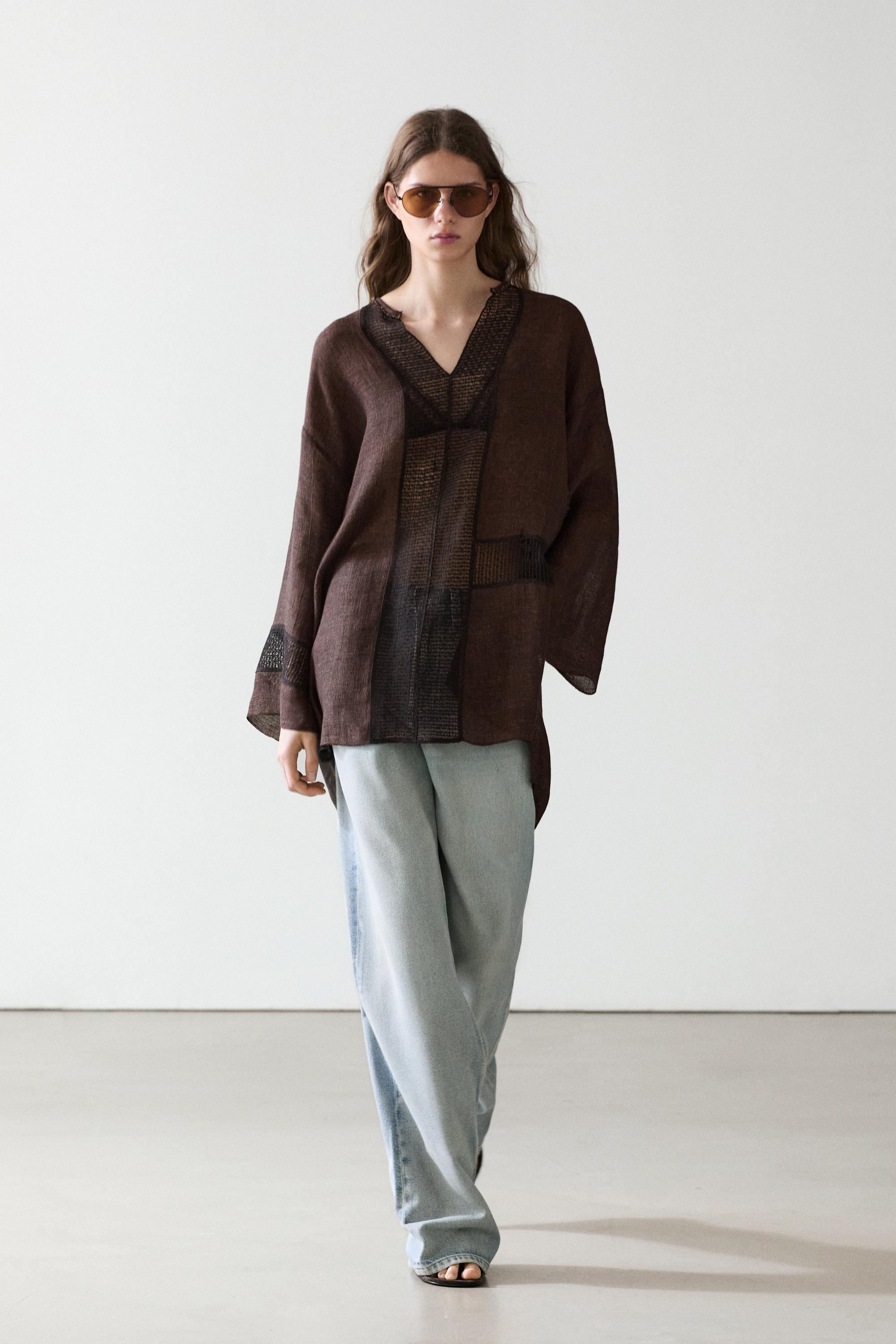 Flowing oversize linen blend blouse with lace trim
